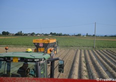 Una volta riempito, il rimorchio di campo va a scaricare al camion